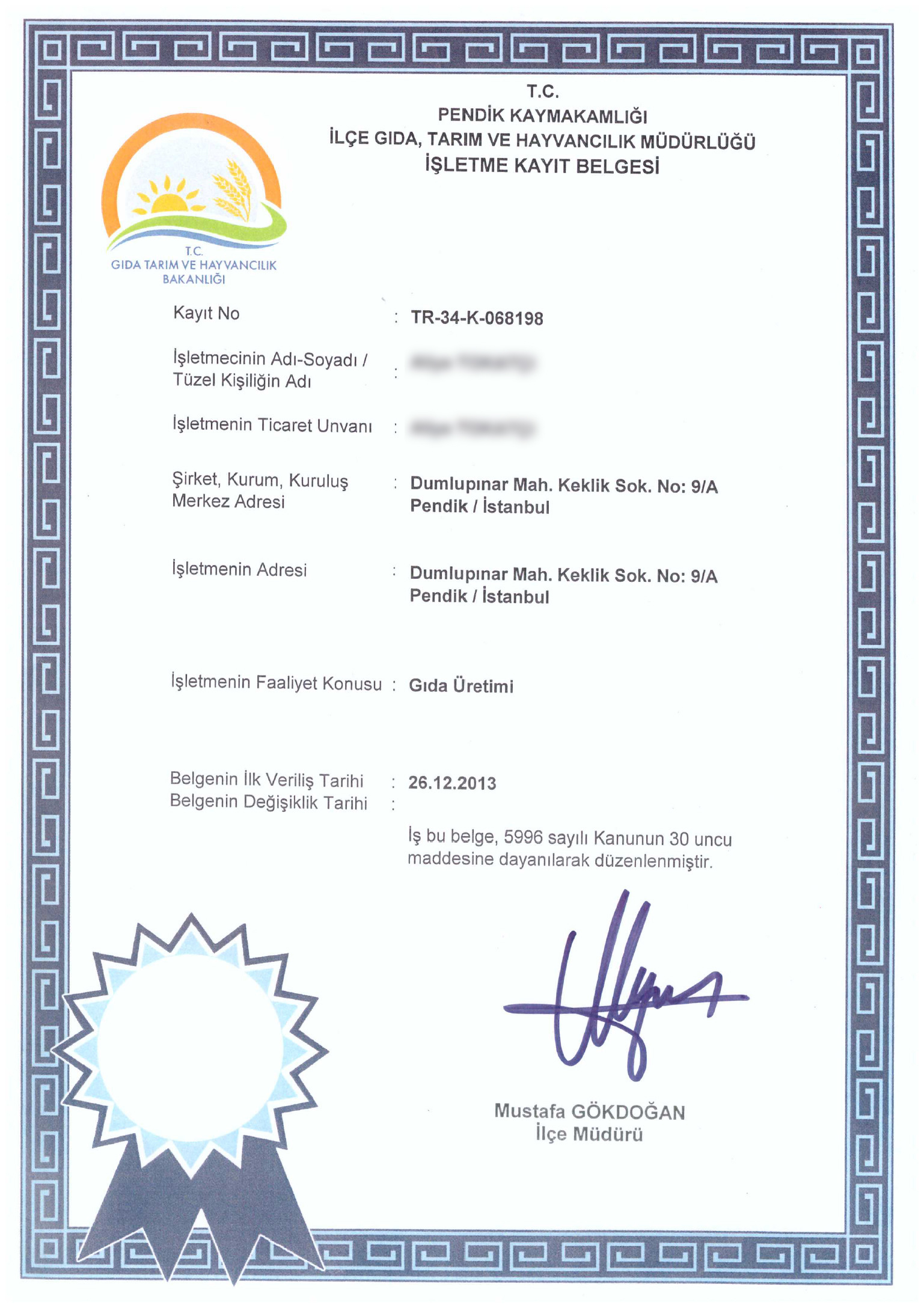 Temizel Börek İşletme Kayıt Belgesi